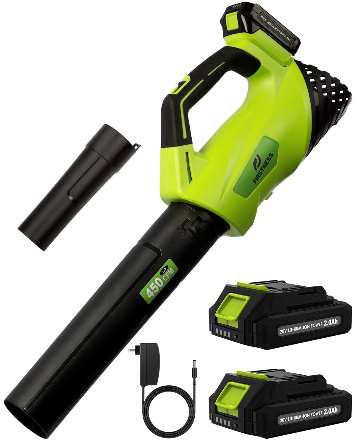 Firstness Cordless Leaf Blower, 20V Leaf Blower with 2 Batteries & Charger, Up to 450CFM/145MPH, 2 Variable Speed, Lightweight for Blowing Leaves, Patio Cleaning, Lawn Care and Dust