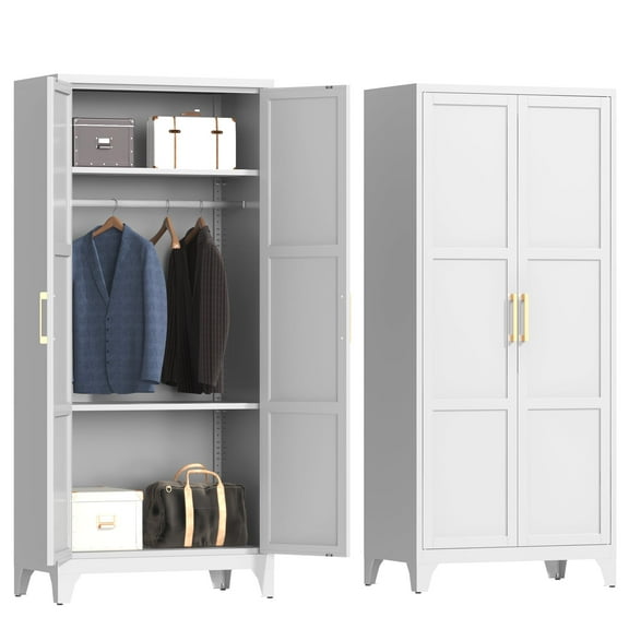 Firstsky 71" Metal Wardrobe with Handle, Adjustable Armoire Wardrobe Closet with Doors, Steel Wardrobe Cabinet for Bedroom, Assembly Required (White)