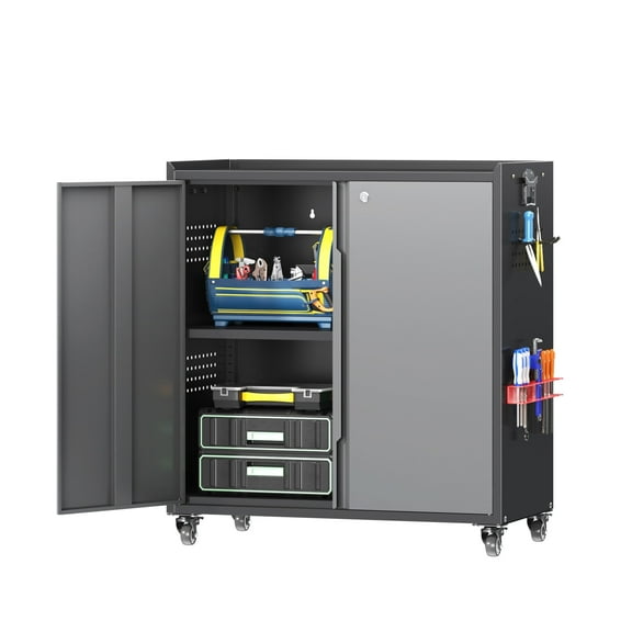 Firstsky Metal Garage Storage Cabinet with Wheels, Adjustable Rolling Tool Storage Cabinet with Lock, 34" Steel Locking Tool Cabinet with Doors and Shelves（Black&Gray, 34.3" H）