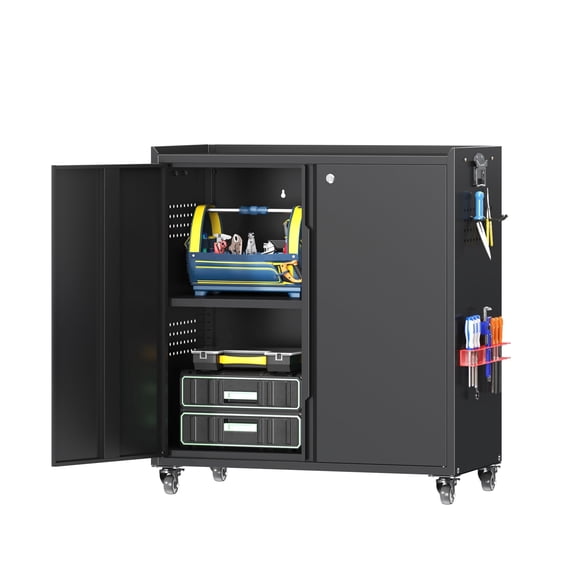 Firstsky Metal Garage Storage Cabinet with Wheels, Adjustable Rolling Tool Storage Cabinet with Lock, 34" Steel Locking Tool Cabinet with Doors and Shelves(Black)