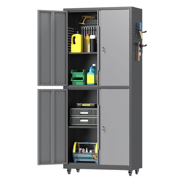 Firstsky Metal Garage Storage Cabinet with Wheels, Adjustable Rolling Tool Storage Cabinet with Lock, 71" Steel Locking Tool Cabinet with Doors and Shelves (Black&Gray, 71"H)