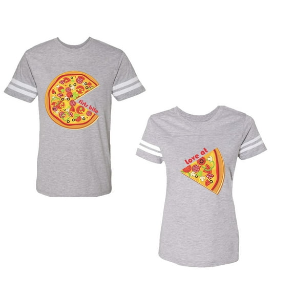 Firts Bite Love at Unisex Couple Matching Cotton Jersey style T-Shirt Contrasting stripes on sleeves (Men Heather / Women Heather) (Men L / Women XXL)