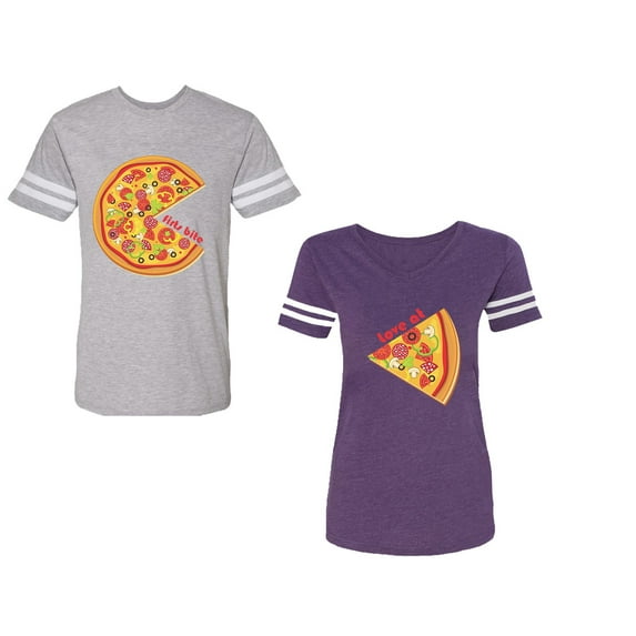 Firts Bite Love at Unisex Couple Matching Cotton Jersey style T-Shirt Contrasting stripes on sleeves (Men Heather / Women Purple) (Men XXXL / Women XXL)