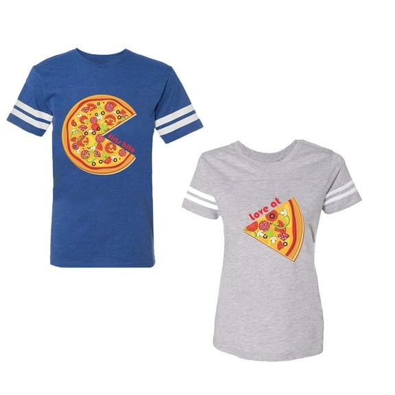 Firts Bite Love at Unisex Couple Matching Cotton Jersey style T-Shirt Contrasting stripes on sleeves (Men Royal / Women Heather) (Men XXL / Women XXL)