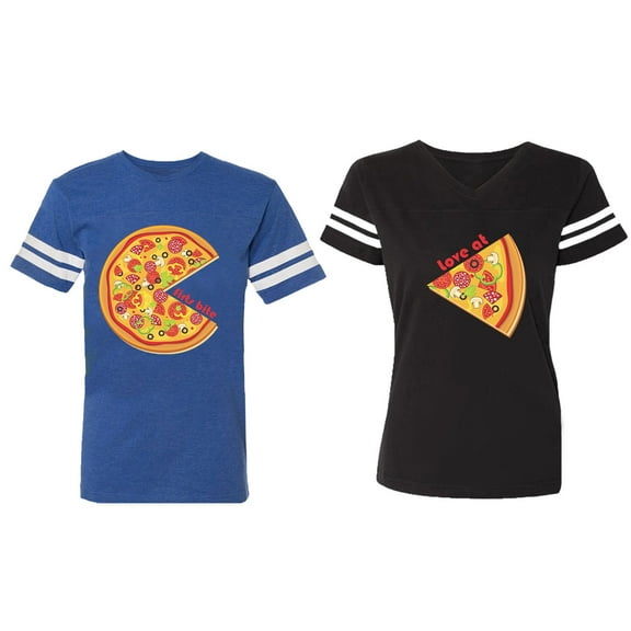 Firts Bite Love at Matching Couple Cotton Jerseys (Men Royal / Women Black) (Men S / Women S)