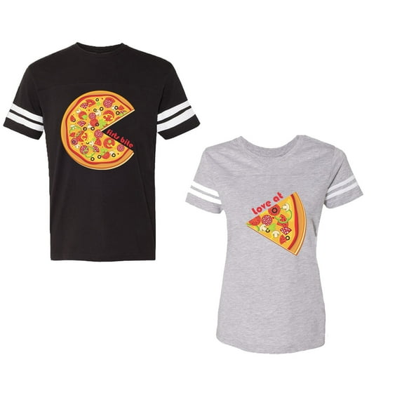 Firts Bite Love at Unisex Couple Matching Cotton Jersey style T-Shirt Contrasting stripes on sleeves (Men Black / Women Heather) (Men M / Women M)