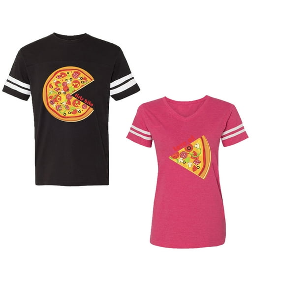 Firts Bite Love at Unisex Couple Matching Cotton Jersey style T-Shirt Contrasting stripes on sleeves (Men Black / Women Pink) (Men M / Women S)