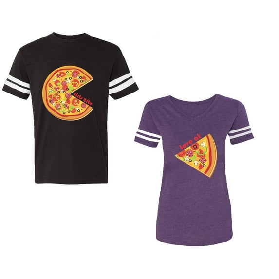 Firts Bite Love at Unisex Couple Matching Cotton Jersey style T-Shirt Contrasting stripes on sleeves (Men Black / Women Purple) (Men XL / Women L)