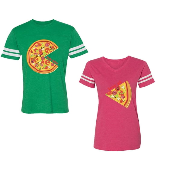 Firts Bite Love at Unisex Couple Matching Cotton Jersey style T-Shirt Contrasting stripes on sleeves (Men Green / Women Pink) (Men L / Women M)