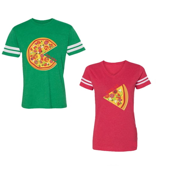 Firts Bite Love at Unisex Couple Matching Cotton Jersey style T-Shirt Contrasting stripes on sleeves (Men Green / Women Red) (Men XXL / Women M)