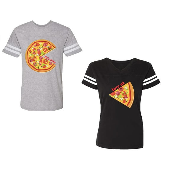 Firts Bite Love at Unisex Couple Matching Cotton Jersey style T-Shirt Contrasting stripes on sleeves (Men Heather / Women Black) (Men S / Women S)