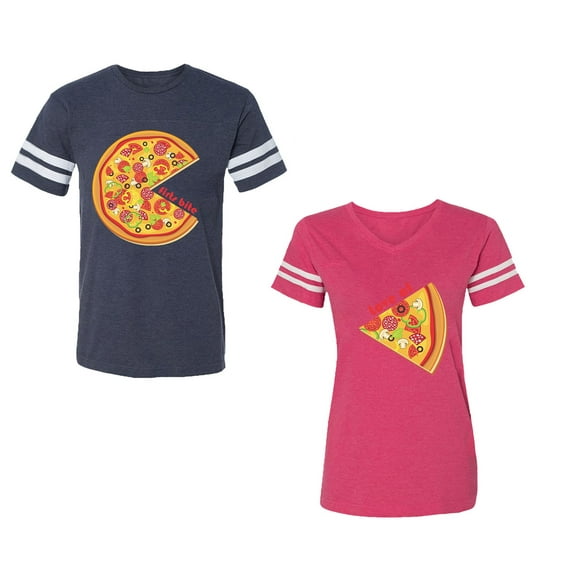 Firts Bite Love at Unisex Couple Matching Cotton Jersey style T-Shirt Contrasting stripes on sleeves (Men Navy / Women Pink) (Men S / Women S)