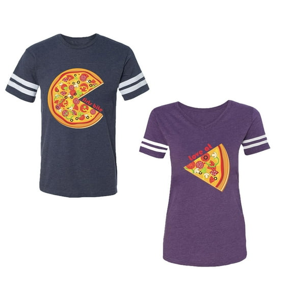 Firts Bite Love at Unisex Couple Matching Cotton Jersey style T-Shirt Contrasting stripes on sleeves (Men Navy / Women Purple) (Men XXL / Women L)