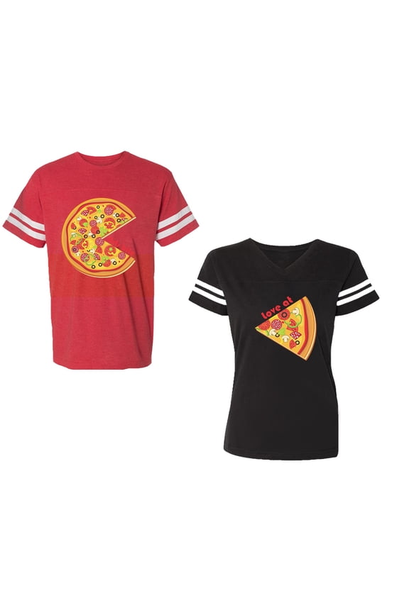 Firts Bite Love at Unisex Couple Matching Cotton Jersey style T-Shirt Contrasting stripes on sleeves (Men Red / Women Black) (Men S / Women XL)