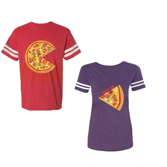 Firts Bite Love at Unisex Couple Matching Cotton Jersey style T-Shirt Contrasting stripes on sleeves (Men Red / Women Purple) (Men M / Women L)