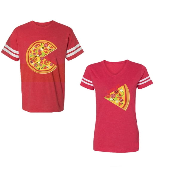 Firts Bite Love at Unisex Couple Matching Cotton Jersey style T-Shirt Contrasting stripes on sleeves (Men Red / Women Red) (Men L / Women S)
