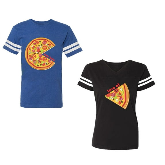 Firts Bite Love at Unisex Couple Matching Cotton Jersey style T-Shirt Contrasting stripes on sleeves (Men Royal / Women Black) (Men M / Women XL)