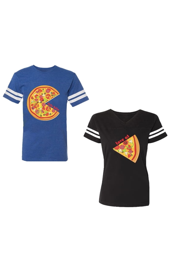 Firts Bite Love at Unisex Couple Matching Cotton Jersey style T-Shirt Contrasting stripes on sleeves (Men Royal / Women Black) (Men XXL / Women XXL)