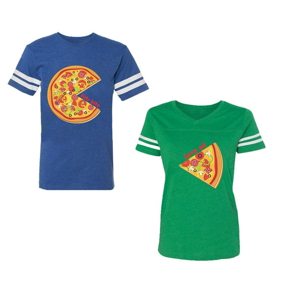 Firts Bite Love at Unisex Couple Matching Cotton Jersey style T-Shirt Contrasting stripes on sleeves (Men Royal / Women Green) (Men XXL / Women XXL)