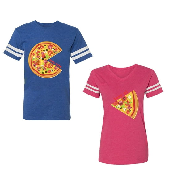 Firts Bite Love at Unisex Couple Matching Cotton Jersey style T-Shirt Contrasting stripes on sleeves (Men Royal / Women Pink) (Men XL / Women XXL)