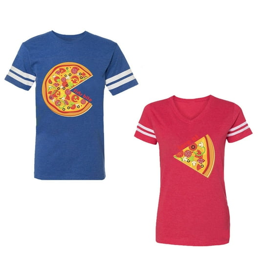 Firts Bite Love at Unisex Couple Matching Cotton Jersey style T-Shirt Contrasting stripes on sleeves (Men Royal / Women Red) (Men XL / Women M)