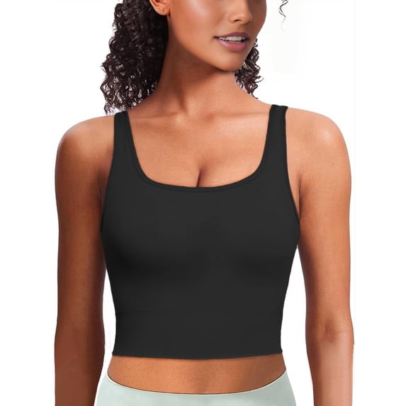 Firvespy Women Low Impact Sport Bra Workout Crop Tank Tops Square Neck Yoga Camisole with Built in Pads Blue Small