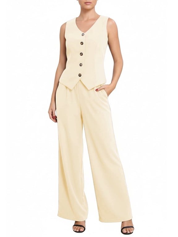 Women's 2 Piece Blazer Outfits Summer Sleeveless V Neck Vest and Wide Leg Pants Set High Waist Tailored Business Casual Suit