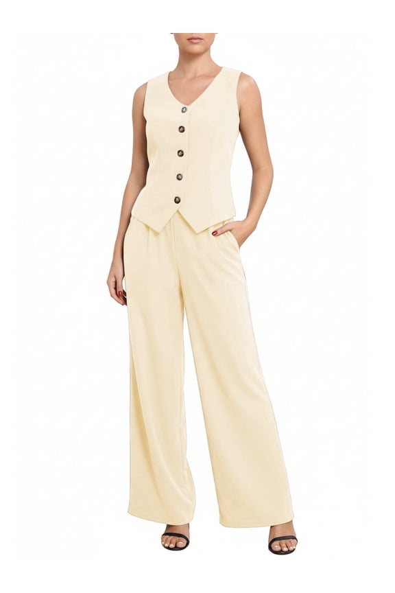 Women's 2 Piece Blazer Outfits Summer Sleeveless V Neck Vest and Wide Leg Pants Set High Waist Tailored Business Casual Suit