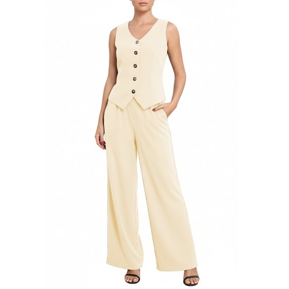 Firvespy Women's 2 Piece Blazer Outfits Summer Sleeveless V Neck Vest and Wide Leg Pants Set High Waist Tailored Business Casual Suit