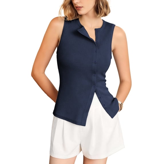 Firvespy Women's Ribbed Knit Asymmetric Button Down Tank Top Slim Fit Crewneck Casual Summer Cami Sleeveless Button Front Top