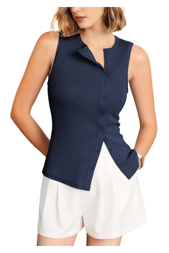 Women's Ribbed Knit Asymmetric Button Down Tank Top Slim Fit Crewneck Casual Summer Cami Sleeveless Button Front Top