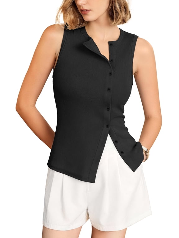 Women's Ribbed Knit Asymmetric Button Down Tank Top Slim Fit Crewneck Casual Summer Cami Sleeveless Button Front Top