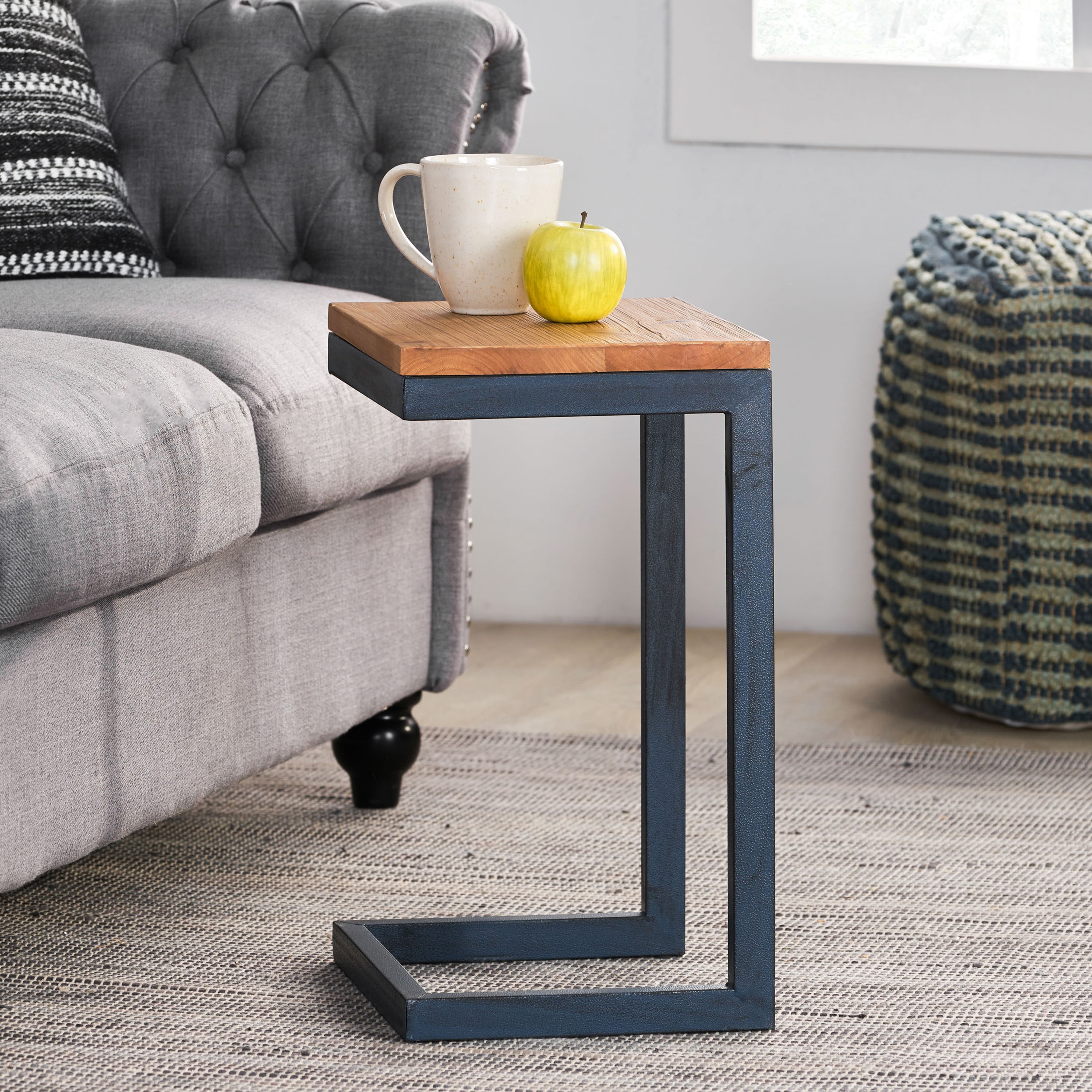 Firwood Antique C-Shaped End Table, Natural Wood Top with Black Iron Base, 19" H Industrial Accent Table for Living Room Bedroom Sofa Side