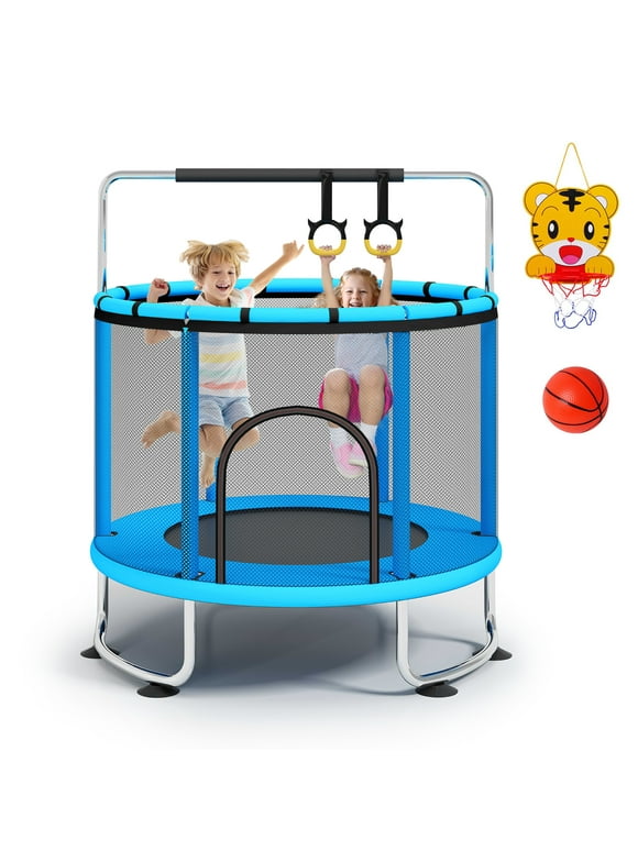 Fisca 55''Mini Trampoline for Kids, Toddler Trampoline with Basketball Hoop, Enclosure Net and Rings, Indoor Trampoline, 555lbs Load