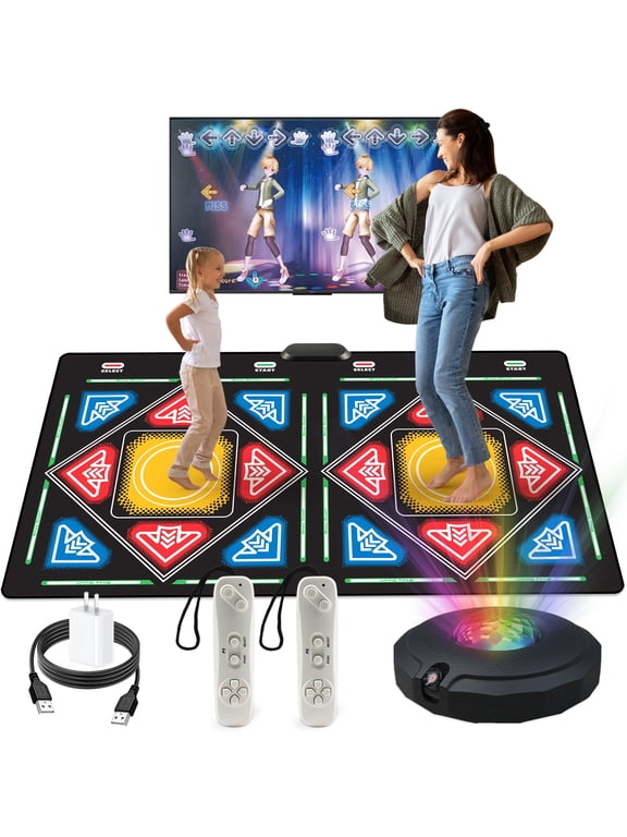 Double Dance Mat for Kid & Adult, Anti-Slip Wireless Musical Electronic Pad for TV & Projector Smart Camera & 2 Motion Controllers, Gift for Boys & Girls