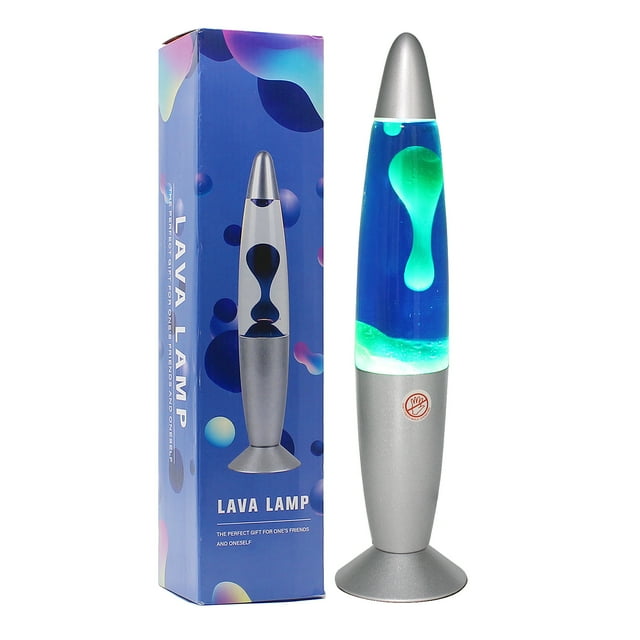 Fisca Electric 13 Inche Silver Volcano Lavas Lamps Lights with Green Wax in Blue Liquid, Metal Base and Cap