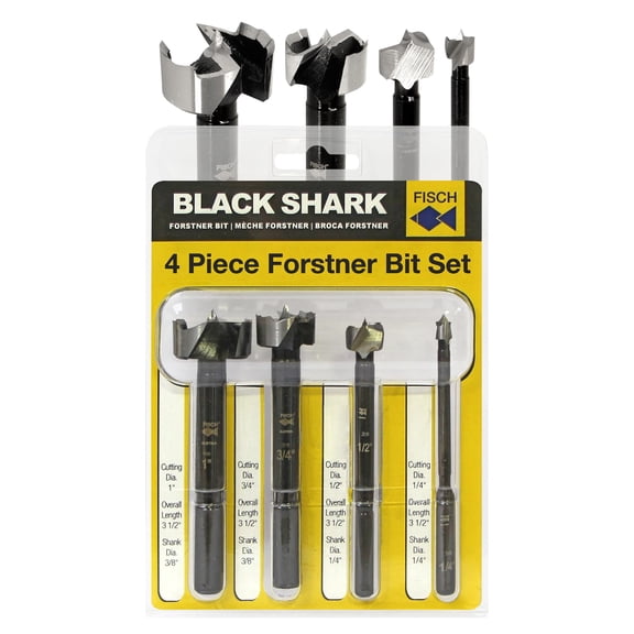 Fisch Forstner Woodworking Bit Set, Precision Black Shark Forged Steel, Flat Bottom Drill Bits (1/4" to 1") for Hardwood, MDF, Plywood - 4 Pcs in Blister Pack