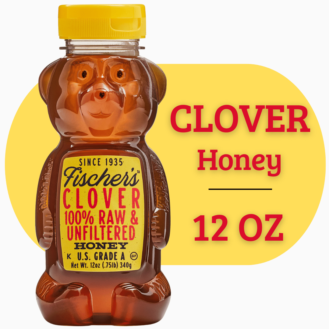 Fischer's Honey Bear 12oz, Clover Honey, Raw, Unfiltered, 100% Pure, Bear Squeeze Bottle