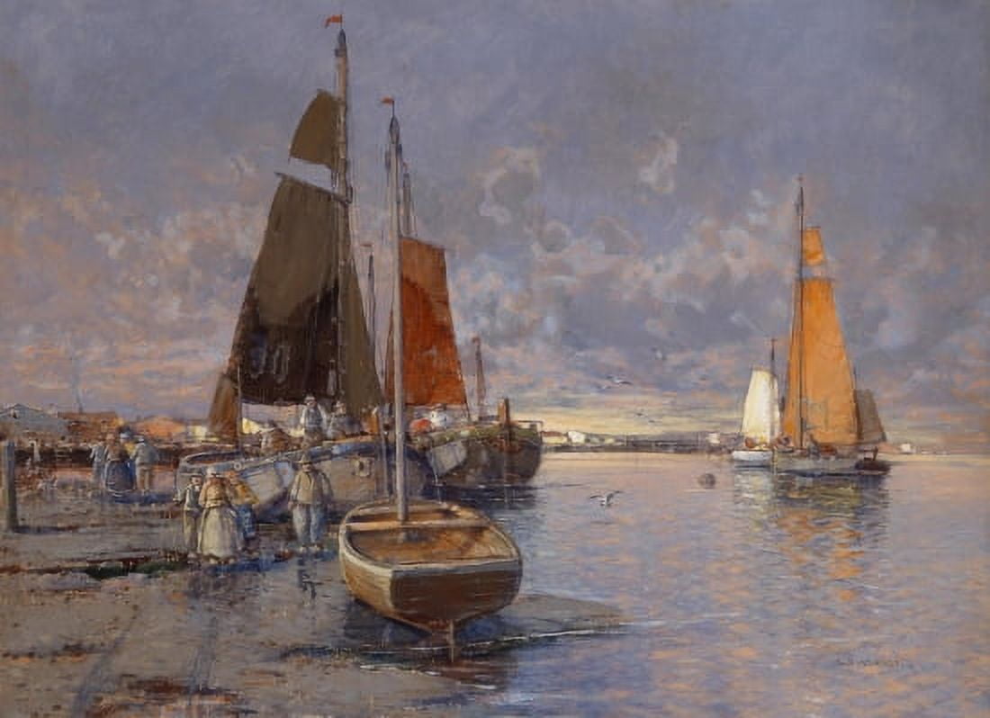 Fischer An Der Mole Im Abendrot 1902 Classic Art Canvas Art - Georg Fischhof (24 x 36)
