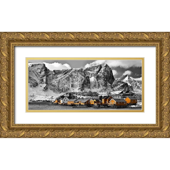 Fischer, Rolf 14x8 Gold Ornate Wood Framed with Double Matting Museum Art Print Titled - Lofoten Reine Panorama mit gelben Hauser