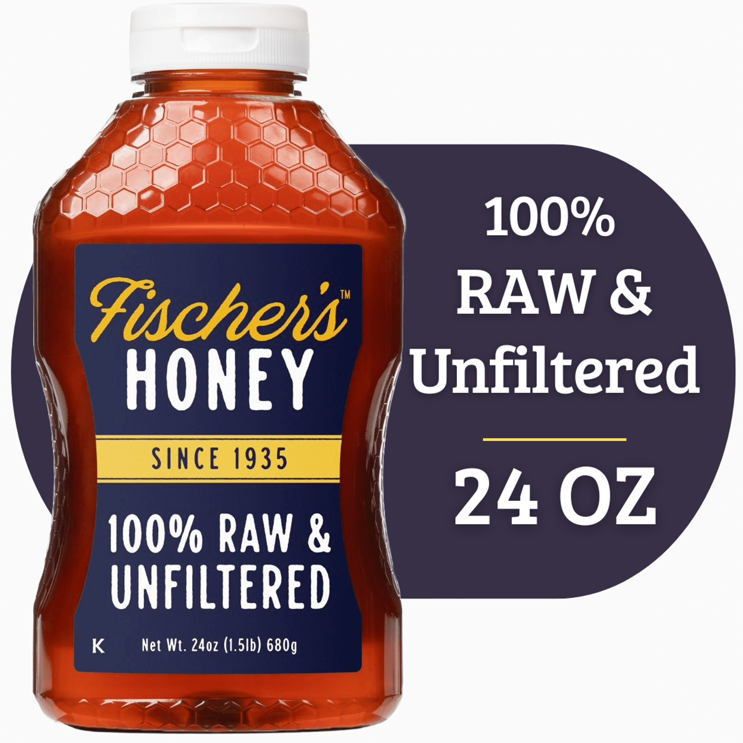 FISCHER HONEY Fischers Honey, 24oz Raw and Unfiltered, Local 100% US Grade "A", Squeeze Bottle