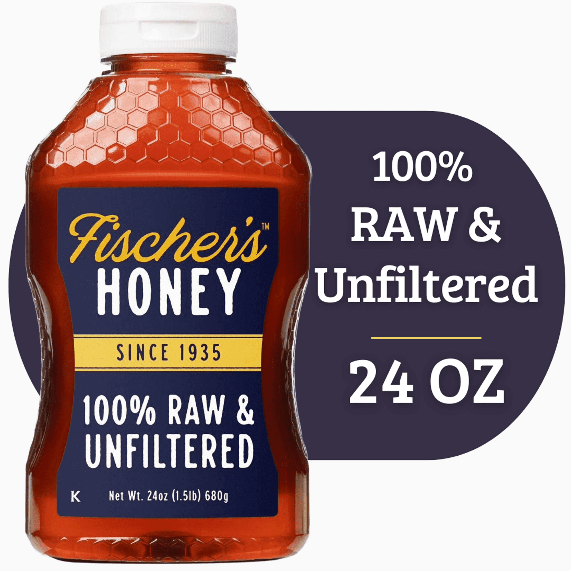 Fischers Honey, 24oz Raw and Unfiltered, Local 100% US Grade "A", Squeeze Bottle