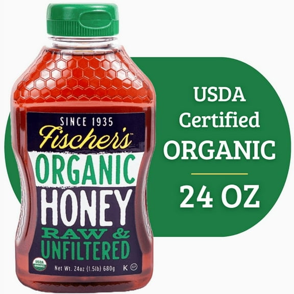 Fischers Honey Organic 24oz Honey, USDA Certified Organic, Local, Raw and Unfiltered, Squeeze Bottle, Gluten-Free - 2 pack