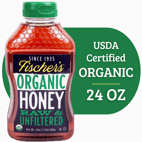 Fischers Honey Organic 24oz Honey, USDA Certified Organic, Local, Raw and Unfiltered, Squeeze Bottle, Gluten-Free