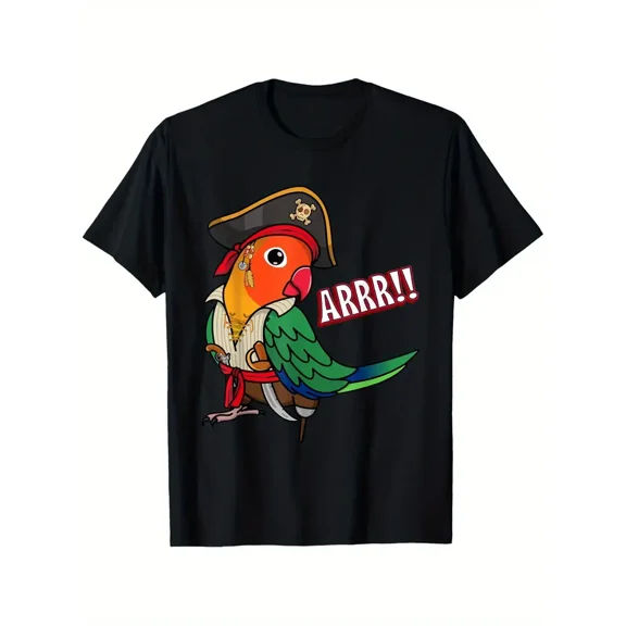 Fischers Men's Pirate Parrot & Lovebird Graphic T-Shirt - 100% Cotton 180gsm Pre-Shrunk, Black Casual Short Sleeve Tee with "ARRR!!" Design