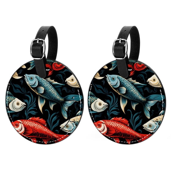 Fish 2Pcs PU Leather Round Luggage Tags with Privacy Cover and Name ID Tag for Suitcase, Handbags, Backpacks, School Bags