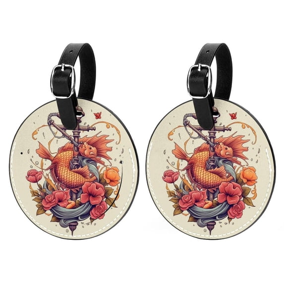 Fish 2pcs PU Leather Round Bag Tags Suitcase Handbag Tags with Privacy Cover and Name ID Tag for Travel Luggage, Handbags, Backpacks, School Bags