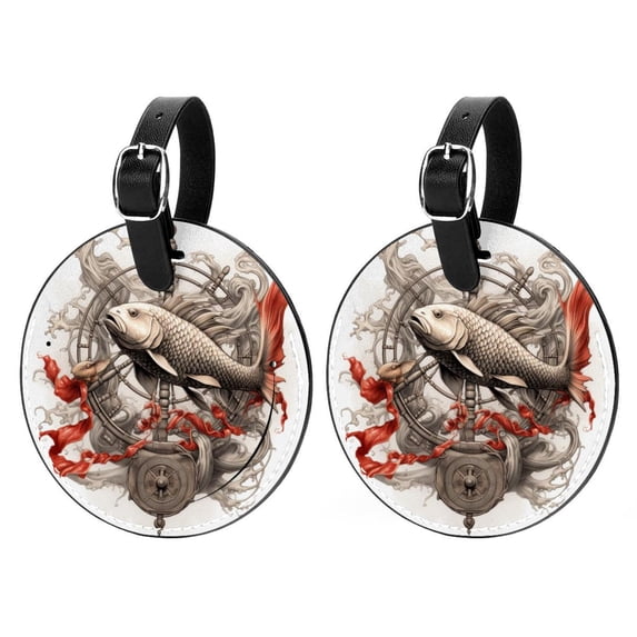 Fish 2pcs PU Leather Round Bag Tags with Privacy Cover and Name ID Tag - Suitcase Tags for Travel Luggage, Handbags, Backpacks, School Bags