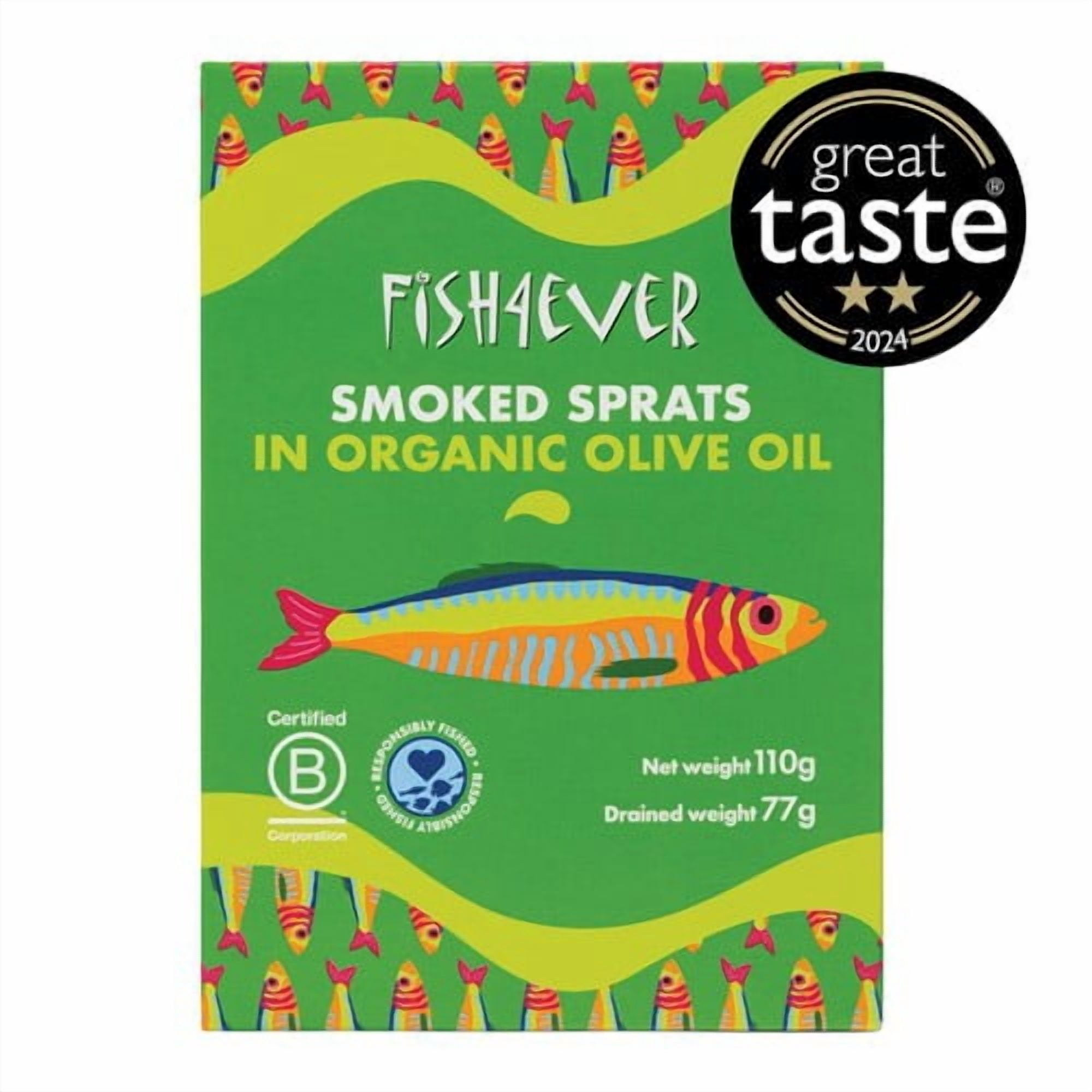 Fish 4 Ever Smoked Sprats in organic extra virgin olive oil 110g, British Import (Pack of 3)