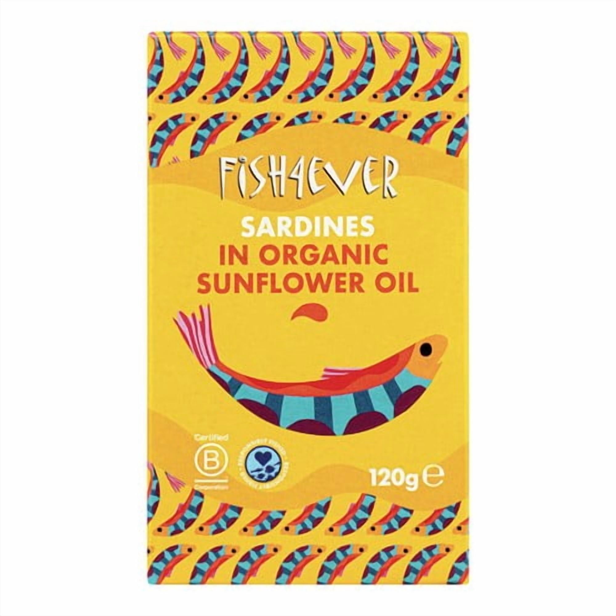 Fish 4 Ever Whole Sardines in Organic Sunflower Oil 120g, British Import (Pack of 3)